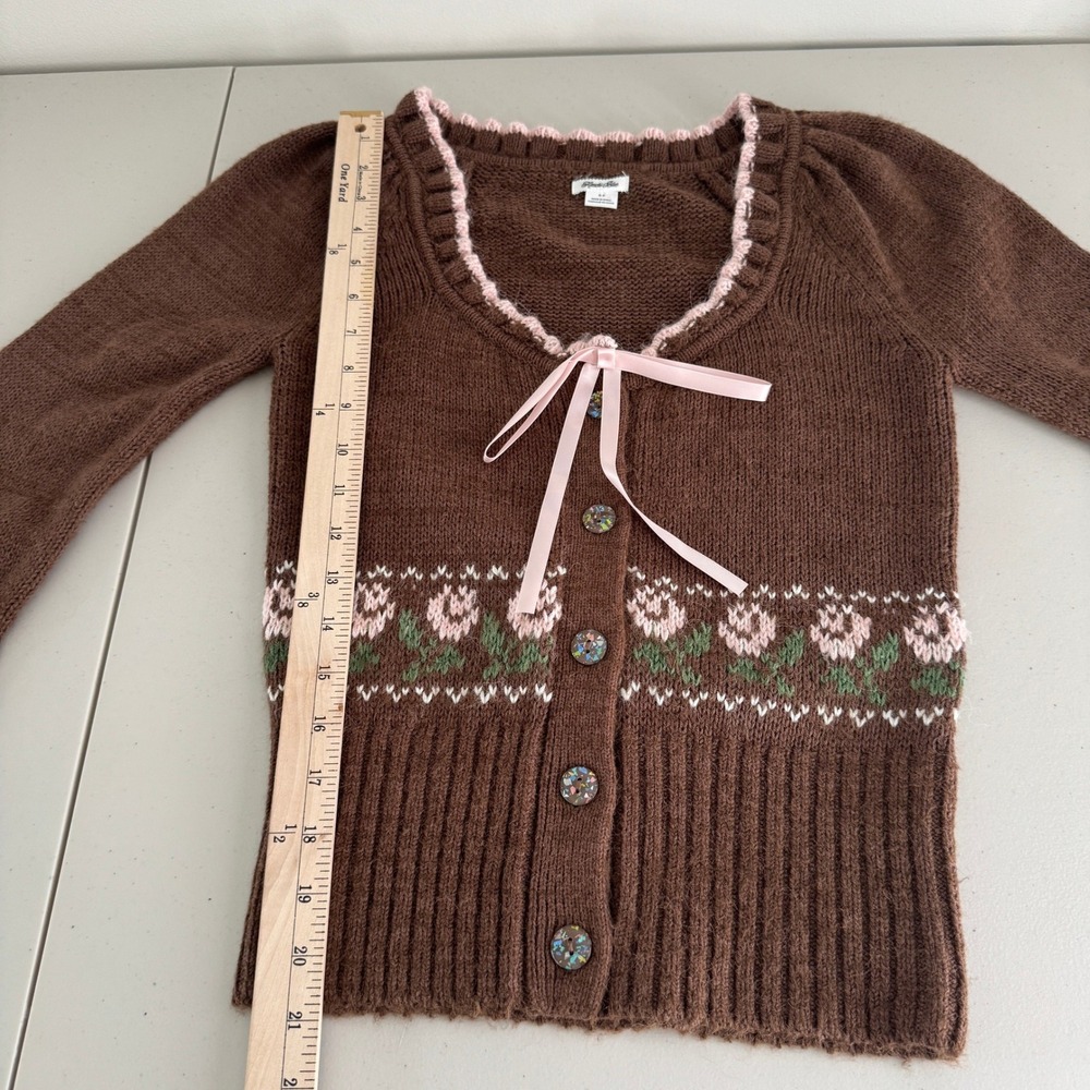 Kimchi Blue Floral Bow Cardigan S Brown Cotton Bld Coquette Balletcore Sweater - Picture 12 of 14